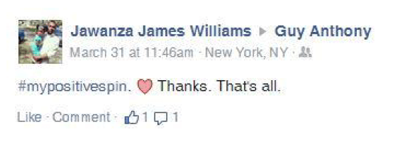 Image of a Facebook message of someone thanking Guy Anthony for sharing his personal story.